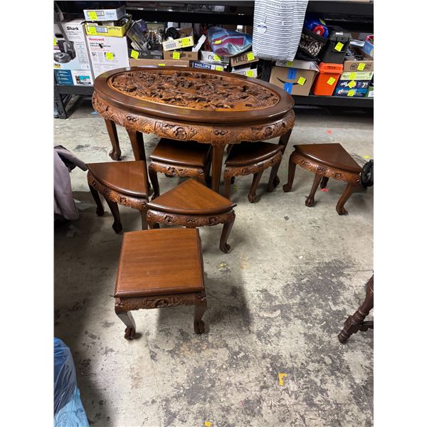 Amazing carved table with stools