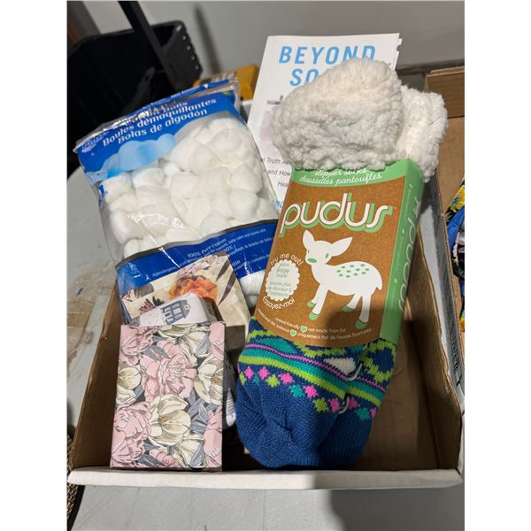 Soap, cotton balls, extra fuzzy socks
