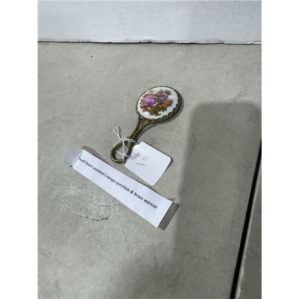 Small Limoge, handpainted, porcelain and brass mirror