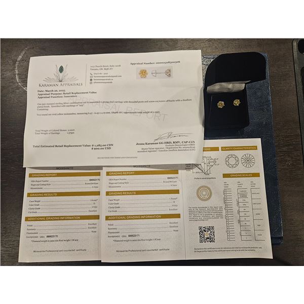 2.00ct Moissanite stone vivid yellow color 4 claw earrings