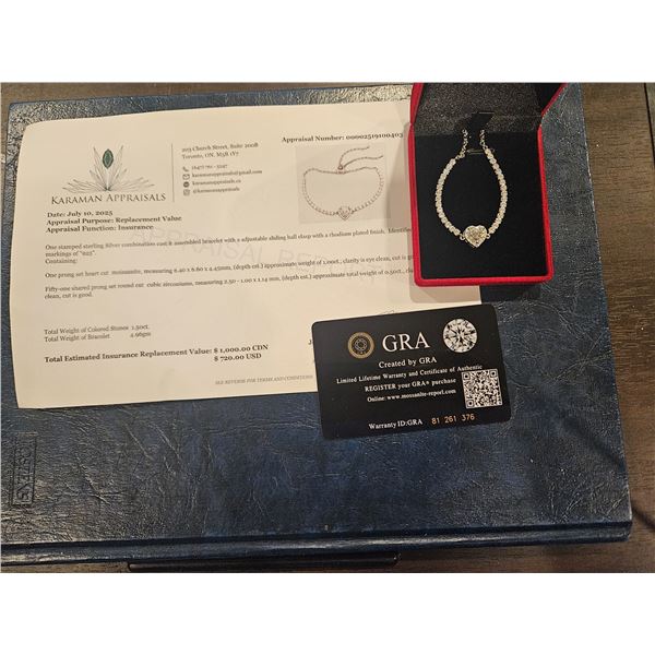 1.00ct Moissanite stone heart shaped bracelet