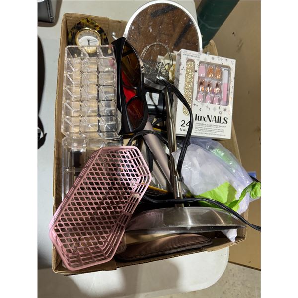 Assorted bathroom organizers, and beauty products