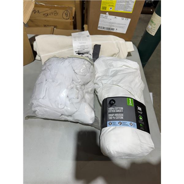 Assorted bedding, fitted sheet and mattress, cover and tablecloth