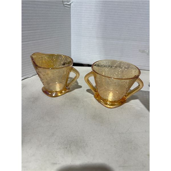 Carnival glass, cream, and sugar