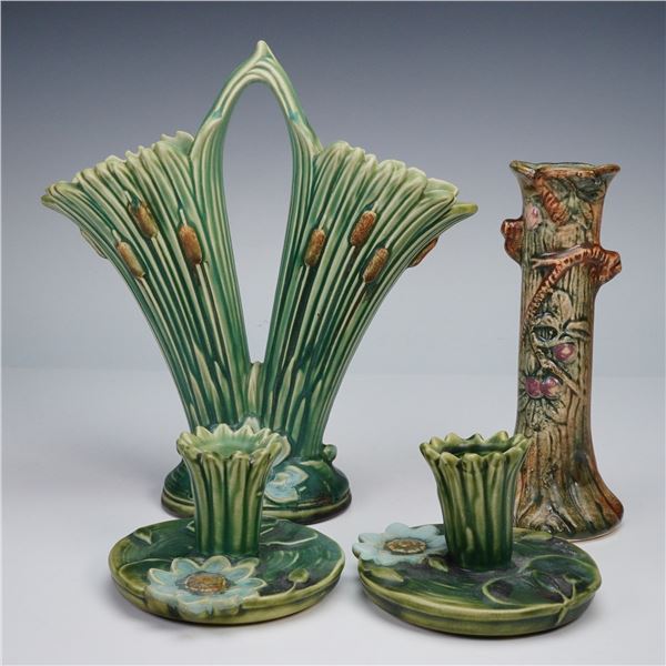 4pc Weller Pottery Ardsley and Woodcraft Vases and Candlesticks