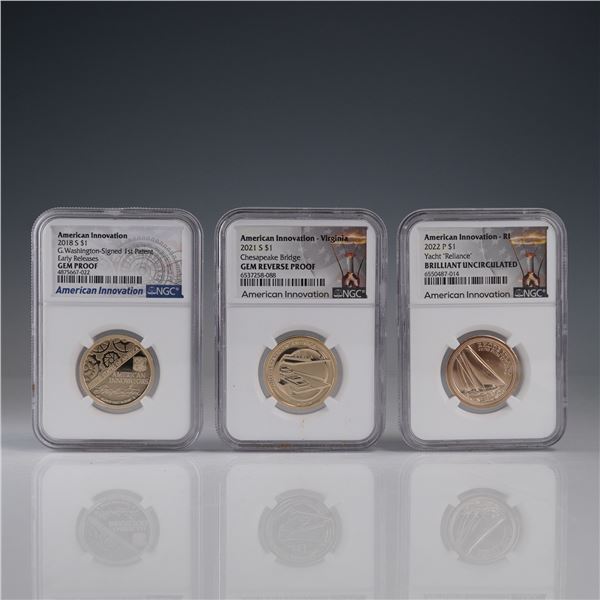 3pc American Innovation Dollar Coins, Graded NGC GEM Proof and Brilliant Un