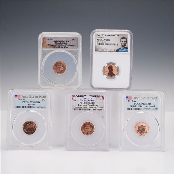 5pc Graded 2009 Lincoln Presidency Cent, and 2019-W Union Shield Cents