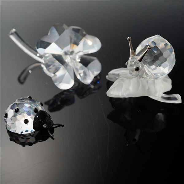 3pc Swarovski Crystal Nature Figurines, Snail, Ladybug, Clover