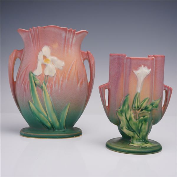 2pc Roseville Pottery Pink Vases, Thornapple and Iris