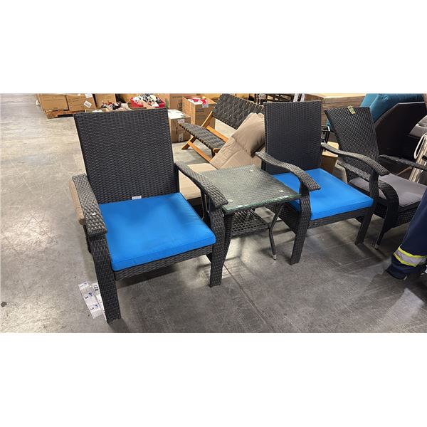 PATIO FLARE WHYLIE 3 PIECE CHAT SET WITH BLUE CUSHIONS