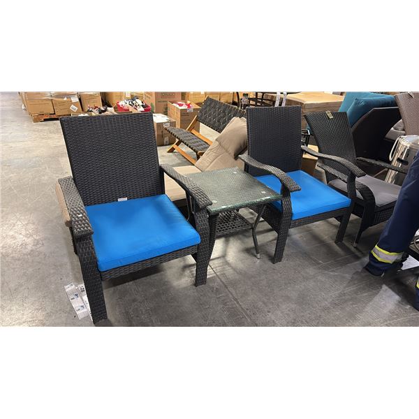 PATIO FLARE WHYLIE 3 PIECE CHAT SET WITH BLUE CUSHIONS