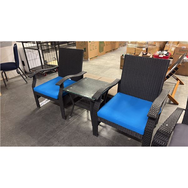 PATIO FLARE WHYLIE 3 PIECE CHAT SET WITH BLUE CUSHIONS