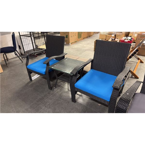 PATIO FLARE WHYLIE 3 PIECE CHAT SET WITH BLUE CUSHIONS