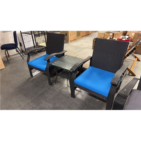 PATIO FLARE WHYLIE 3 PIECE CHAT SET WITH BLUE CUSHIONS