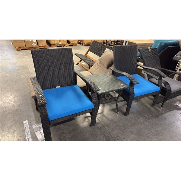 PATIO FLARE WHYLIE 3 PIECE CHAT SET WITH BLUE CUSHIONS