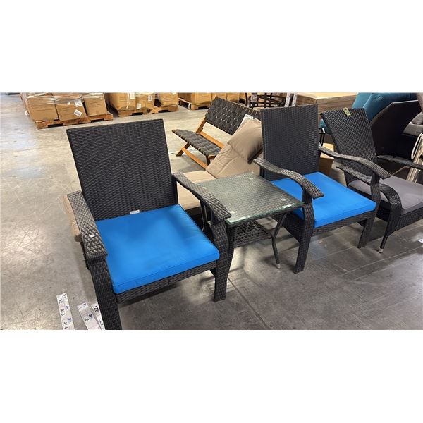 PATIO FLARE WHYLIE 3 PIECE CHAT SET WITH BLUE CUSHIONS