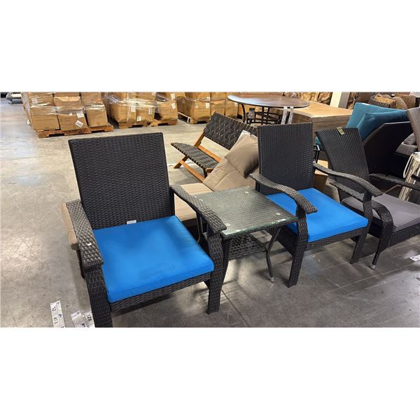 PATIO FLARE WHYLIE 3 PIECE CHAT SET WITH BLUE CUSHIONS