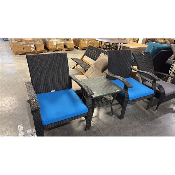 PATIO FLARE WHYLIE 3 PIECE CHAT SET WITH BLUE CUSHIONS