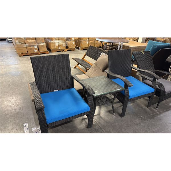 PATIO FLARE WHYLIE 3 PIECE CHAT SET WITH BLUE CUSHIONS
