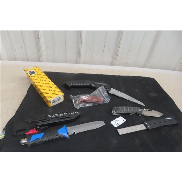 4 Knives & a Sharpener: Buck Tree Saw 14'' Long, Buck Fold 