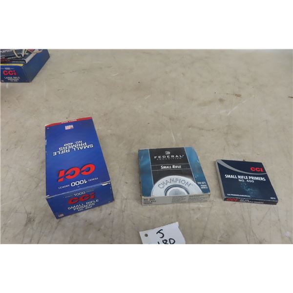 Small Rifle Primers — 1100 x No. 400; 100 x No. 205 (total 1,100x).
