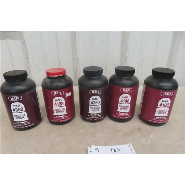 Five IMR Smokeless Powder Containers — 3 × 4198 and 2 × 4350; ~3/4 or More Full; No Shipping.