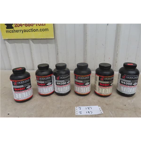 Six Hodgdon Rifle Reloading Powders — Varget & H4350; ~3/4 Full or Full; No Shipping.