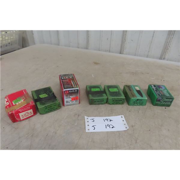 25 Caliber Reloading Bullets — 7 Boxes, 3/4 Full or Full