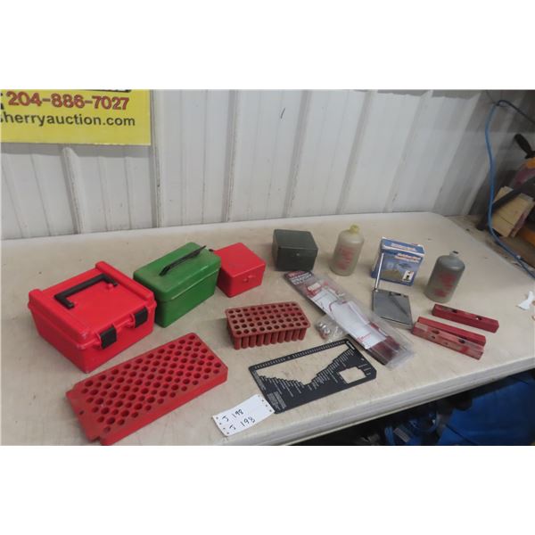 Ammo Case, Shell Holders, Stainless Steel Tumbler, Hornady Lock-n-load Item, MEC Powder Flask and