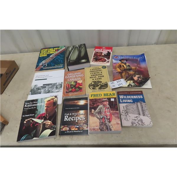 Assorted Outdoor Books Including Knife Making, Wilderness Living, Wild Game, Reloading, and More