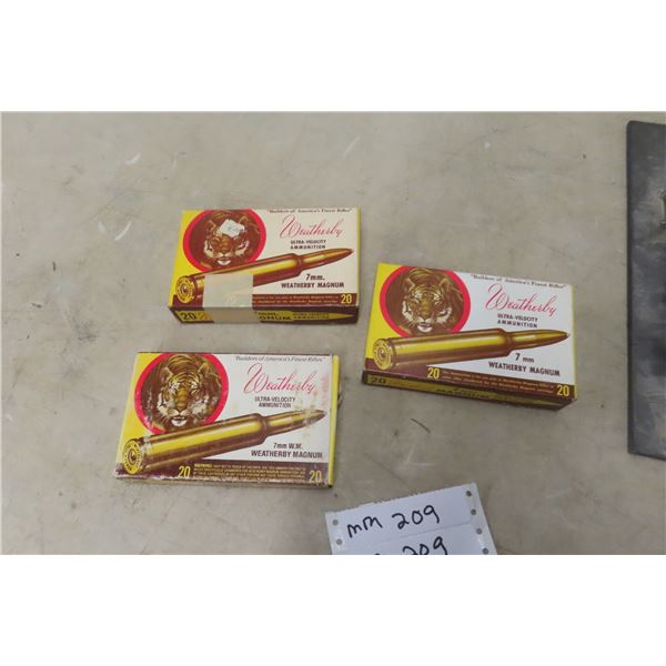 Weatherby 7mm Mag Vintage Ammo Boxess - Two With Brass Csaings for Reloading and One 20-Round Box o