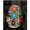 Image 2 : Navajo Cluster Ring Sz 8 Sterling Silver Turquoise Coral Spiny Oyster Lapis
