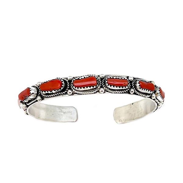 Navajo Mediterranean Coral Stacker Cuff Bracelet Sterling Silver Native American