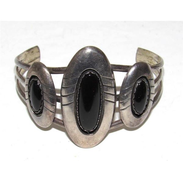 VTG Navajo Onyx Statement Cuff Bracelet Sterling Silver Native American