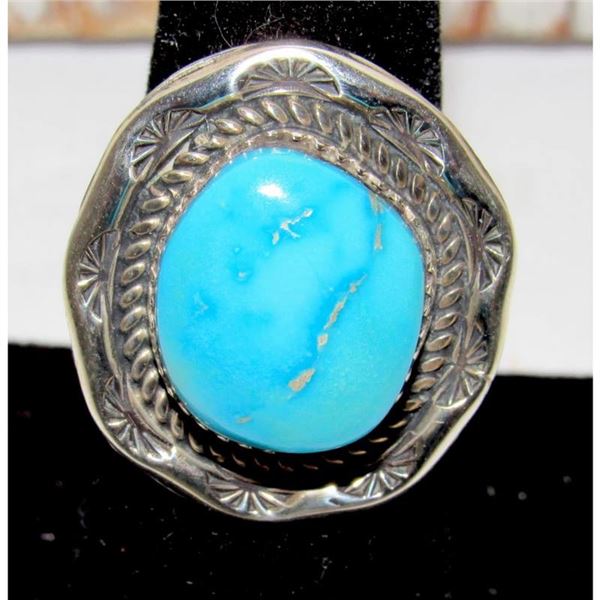 Navajo Blue Royston Turquoise Ring Size 7.5 Sterling Silver Signed