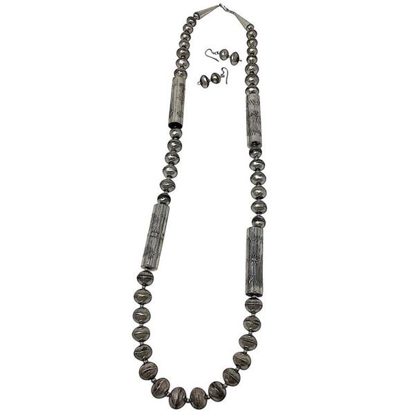 Vintage Navajo Pearls Necklace Earrings Set Hand Made Beads Sterling Silver 30"