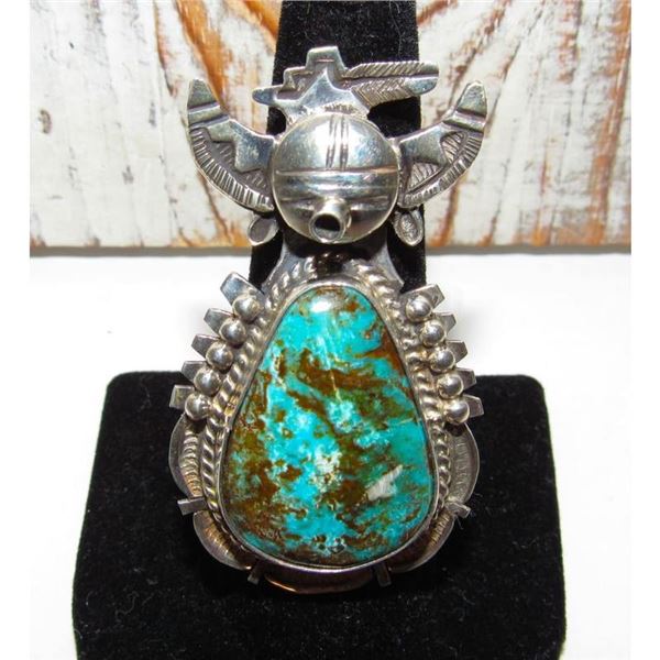 Large Navajo Kachina Ring Sz 8 Bennie Ration Bisbee Turquoise Sterling