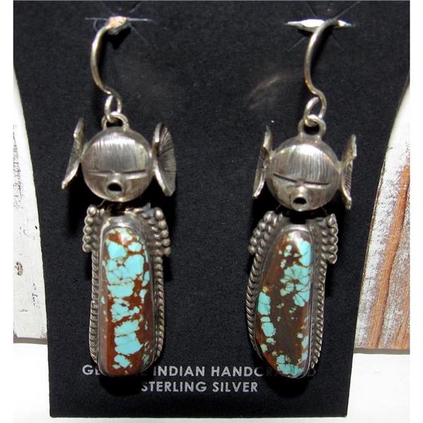 Navajo Kachina Earrings Boulder Numer 8 Turquoise Sterling Silver Bennie Ration