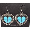 Image 3 : Zuni Turquoise Inlay & Sterling Silver Heart Dangle Earrings Faye Lowsayatee