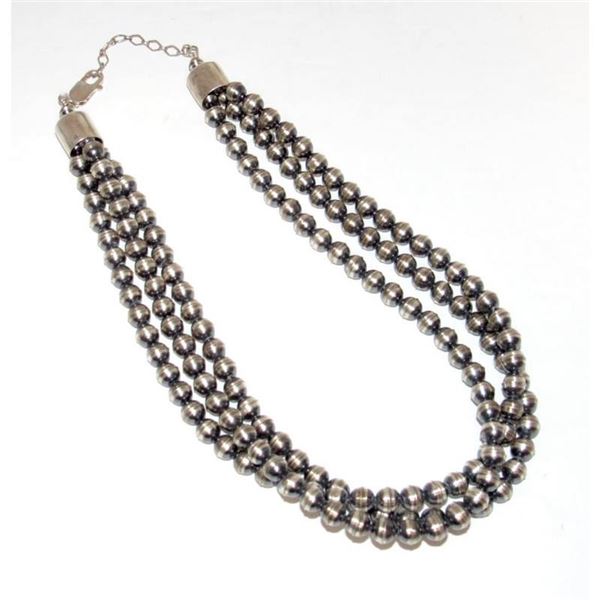 Navajo Pearls Necklace Sterling Silver Beads 16"L 3 Stand Choker