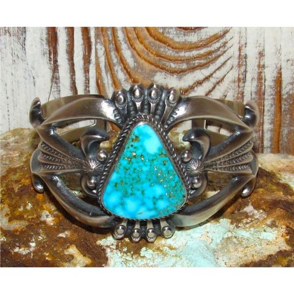 Navajo Royston Turquoise Cuff Bracelet Sand Cast Sterling Silver H.Bitsue