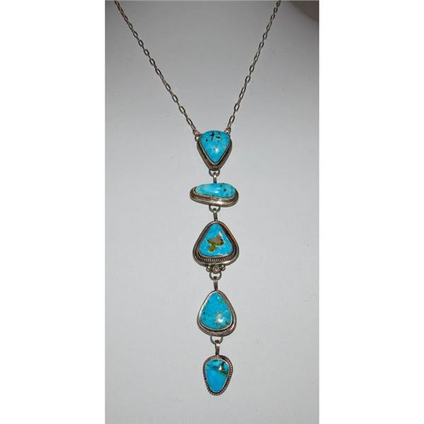 Navajo Blue Royston Turquoise Lariat Necklace Sterling Silver K. Pino