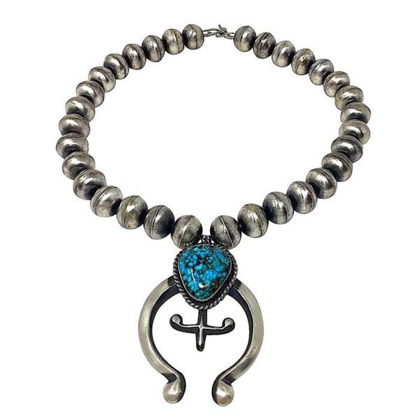 Navajo Squash Blossom Necklace E Hale Number 8 Turquoise Sterling Silver 111 G