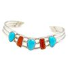 Image 1 : Navajo Turquoise Coral Bracelet Sterling Silver Cuff V-Shaped Design