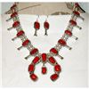 Image 1 : Navajo Mediterranean Coral Squash Blossom Necklace & Earrings Set Sterling