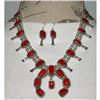 Image 2 : Navajo Mediterranean Coral Squash Blossom Necklace & Earrings Set Sterling