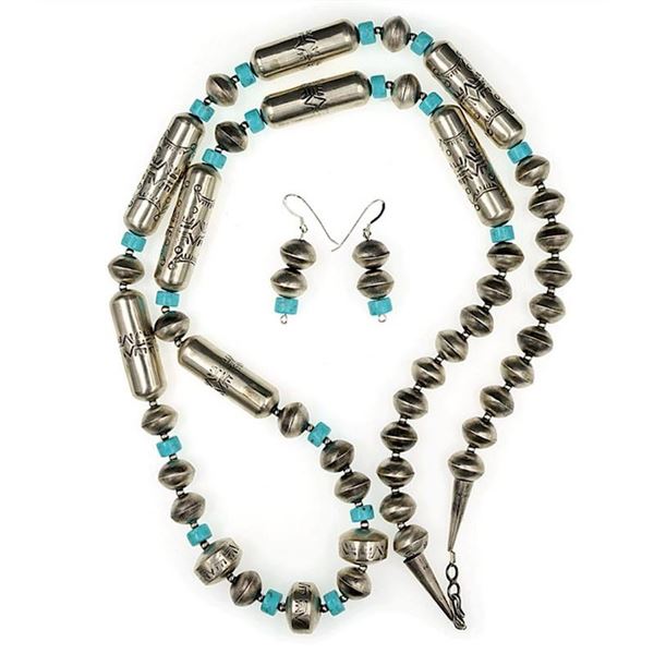 Navajo Pearls Necklace & Earrings Set Sterling Silver Barrel & Saucer Beads