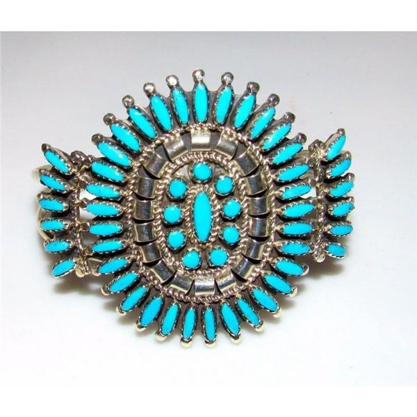 Navajo Turquoise Cluster Cuff Bracelet Sterling Silver Native American Signed