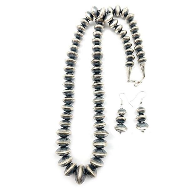 Navajo Pearls Hand Stamped Necklace & Earrings Set Sterling Silver Saucer Beads