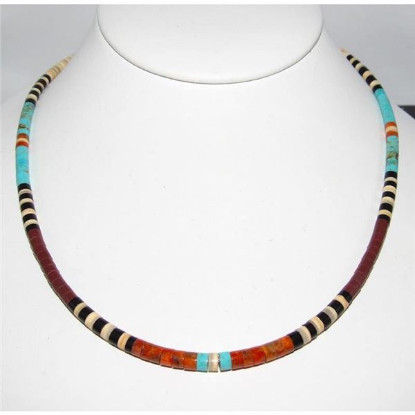 Santo Domingo Rolled Pen Shell, Orange Spiny & Turquoise Heishi Necklace 16"L
